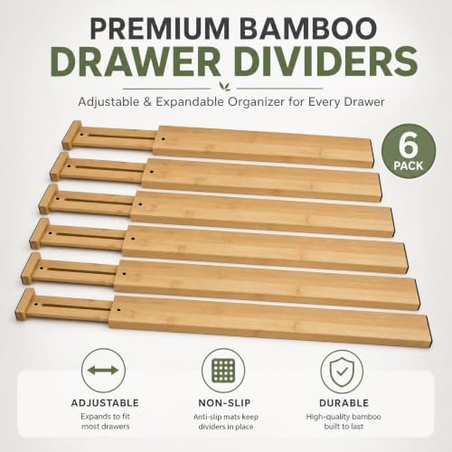 6 Pack Wood Drawer Dividers - Expandable Wooden Drawer Separators - Image 2