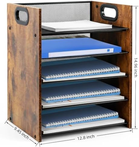 Desk Organizer - 5-Tier Desktop File Organizer, Wooden Paper Tray Organizer, Office Desk Organzier and Accessories for Papers, Mail, Notebooks, Stationery - Image 3