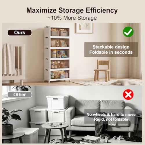 120QT Stackable Storage Bins With Lids, Collapsible Plastic Storage Bins with Wheels and Doors, Foldable Plastic Cabinets for Bedroom Dorm Garage Office Kitchen, 5 Pack - Image 4