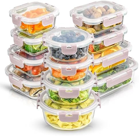 JoyJolt 24pc Borosilicate Glass Storage Containers with Lids | 12 Airtight/Freezer Safe Food Storage Containers for Pantry and Kitchen | Meal Prep Container for Lunch | Glass meal Set by JoyJolt