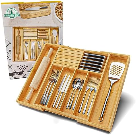 Silverware Organizer with Removable Knife Block - Bamboo Utensil Organizer for Kitchen Drawers Expandable Cutlery Organizer W12.8-20.2" x L16 x H2 (Yellow) - Image 7