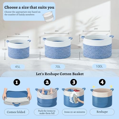 Artfeel 100L Large Cotton Rope Basket, Decorative Woven Blanket Storage for Living Room, Boho Toy Storage & Toy Box for Kids, Versatile Laundry Basket & Nursery Hamper for Blankets(DenimBlue) - Image 6