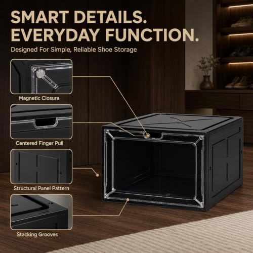 6 Pack Stackable Clear Shoe Boxes with Black Frame, Large Plastic Shoe Organizer Storage Bins for Sneakers & Boots, Magnetic Front Door, Space Saving Closet Shoe Case - Image 6