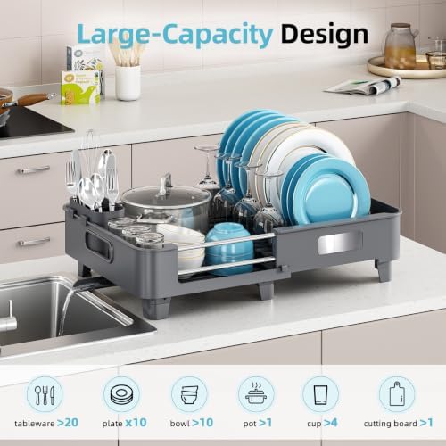TOOLF Extendable Dish Drying Rack for Small Kitchen Counter, Gray - Image 7