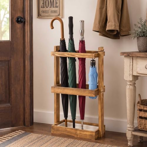 Patelai Wooden Umbrella Stand Rack with Removable Drip Tray for Entryway by Patelai