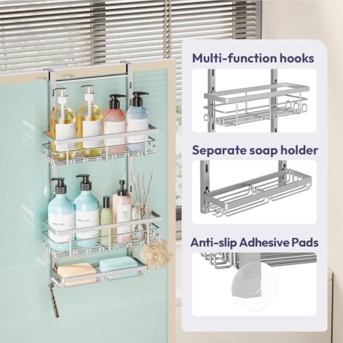 SWTYMIKI Over The Door Shower Caddy - 3 Tier Rustproof Hanging Shower Organizer with Adjustable Shelves, 28 Hooks & Soap Holder, Hanging Shower Rack Storage for Bathroom Accessories, Silver - Image 3