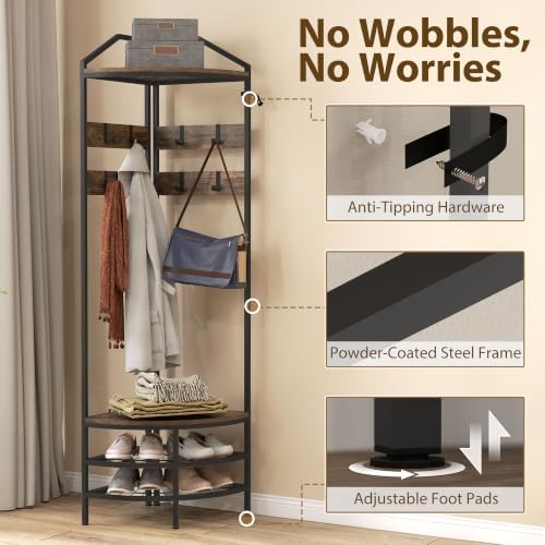 HOMCOM Corner Hall Tree, 4-Tier Coat Rack with Shoe Storage, Rustic Brown - Image 5
