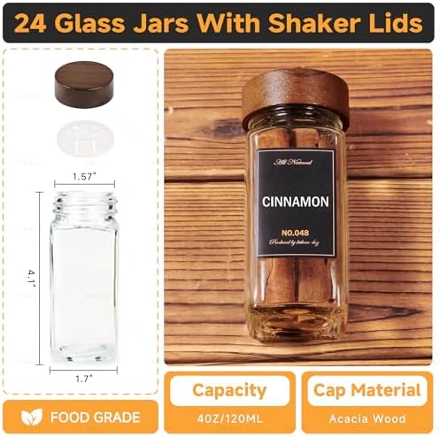 4-Tier Wall Mount Spice Rack Organizer with 24 Glass Jars, 216 Labels & Funnel - Screw/Adhesive Mount, Black Metal & Wood Spice Storage for Kitchen Pantry Cabinet, 11.6”L x 2.4”W x 3.2”H - Image 5