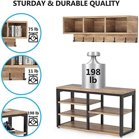 Tribesigns Coat Rack Set, Hall Tree, Industrial Shoe Bench, 3 Storage Cubbies, 7 Hooks for Entryway, Hallway, 5-in-1Design, Vintage Oak - Image 4