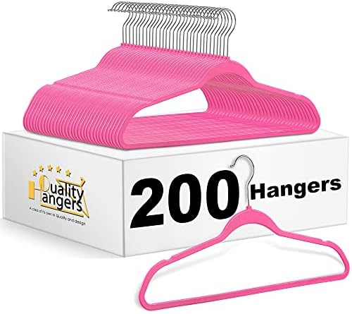 Quality Hangers 200 Pack Slim Plastic Hangers for Clothes - Sturdy Non-Velvet Pink Hangers with 360° Swivel Chrome Hook & Notches - Versatile for Coats Shirts Dresses (200, Pink, 17.7" inch) by QualityHangers