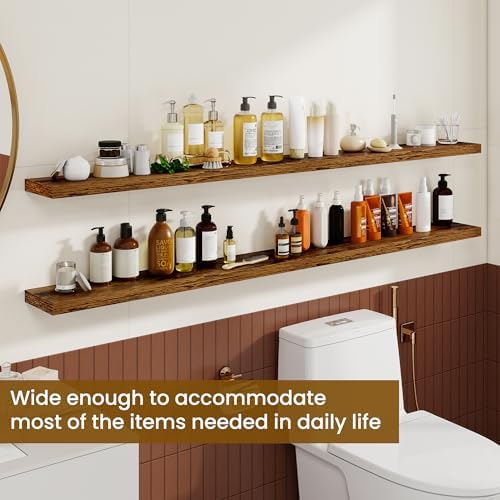 Dreamland 72Inch Floating Shelves for Wall, Rustic Wooden Storage Shelf for Living Room, Kitchen, Farmhouse, Wall Mounted Display Shelving with Invisible Heavy-Duty Metal Bracket, Set of 2 - Brown - Image 4