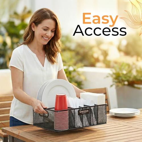 Gennua Kitchen Paper Plate Organizer for Cabinet, Counter, Picnics, Parties & More, Extra Large Utensil Caddy Crafted of Thick Iron Mesh With 6 Compartments for Paper Plates & Plastic Silverware - Image 3