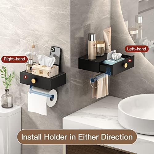 VOLDRA Toilet Paper Holder with Shelf Black Wipes Dispenser for Bathroom Stainless Steel Toilet Paper Holder with Storage Drawer Adhesive Wall Mount Small Bathroom Shelf - Image 3