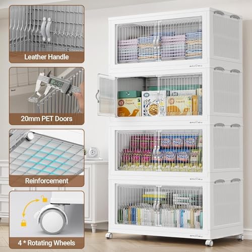 BROVIEW 600Qt Extra Large Stackable Storage Bins with Lid, Closet Organizer Collapsible Drawer Boxes with Wheels, Folding Plastic Cabinet Containers for Home Kitchen Room Organization, 3Pack White - Image 4