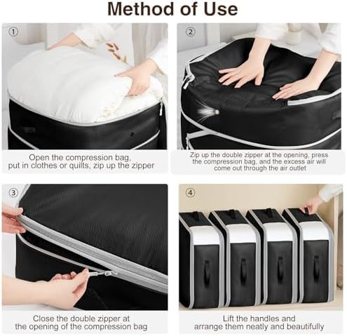 Homsorout 4 Pack Compression Storage Bags - 110L Large Capacity Comforter Storage Bag, 3-Layer Washable Ultra Space Saving Self Compression Organizer Space Bags for Blanket, Sweater, Sheet, Black - Image 4