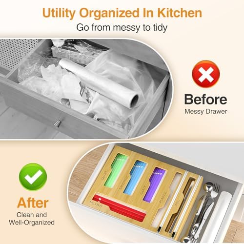 6 in 1 Storage Bag Organizer for Kitchen Drawer, Bamboo Foil and Plastic Wrap Dispenser With Cutter, Food Baggie for Drawer, Plastic Bag for Gallon, Quart, Sandwich, Snack - Image 3