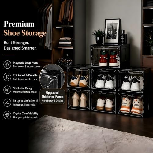 6 Pack Stackable Clear Shoe Boxes with Black Frame, Large Plastic Shoe Organizer Storage Bins for Sneakers & Boots, Magnetic Front Door, Space Saving Closet Shoe Case - Image 4