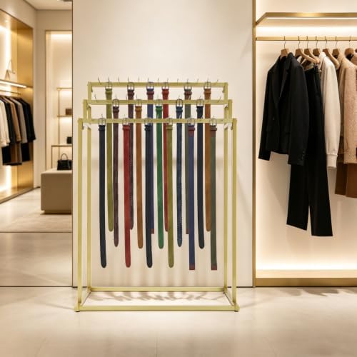 Modern Floor Standing Belt Hanger, Belt Display Stand with 39 Hooks Metal Belt Rack Organizer Storage Shelf for Belt Ties Scarf Bags, Gold - Image 3