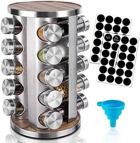 Rotating Spice Rack Organizer with Jars(20Pcs), Seasoning Organizer for Cabinet, Kitchen Spice Racks for Countertop, Revolving Stainless Steel Spice Organizer by dasaka