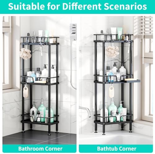 HapiRm Standing Corner Shower Caddy - 3 Tier Corner Shower Organizer with Soap Holder, Rustproof Stainless Steel Bathroom Shelf with 4 Hooks, Black - Image 5