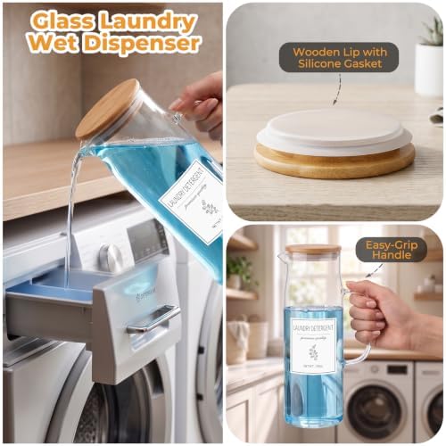Acrylic Laundry Pod Containers and Dryer Sheet Holder & Glass Laundry Detergent Dispenser with Handle, Labels, and Spoons, for Laundry Room Organization and Storage (4 Pack, Wood Brown) - Image 4