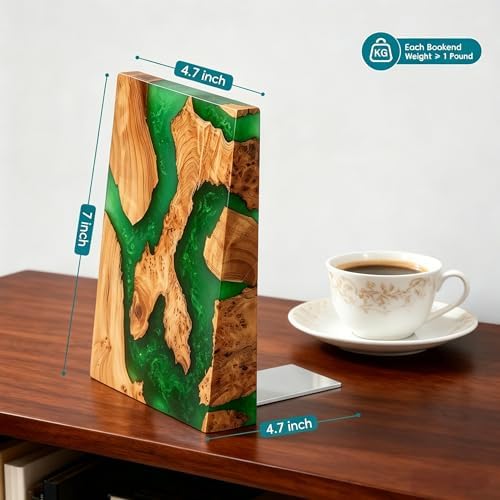 Glow in The Dark Green Resin Bookends, Burl Wood Book Ends for Shelves – Unique Luminous Book Organizer for Office Desk, for Book Lovers (Luminous Green) - Image 3