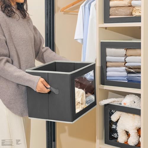 Homsorout Stackable Storage Bins with Lids - Large Storage Box with Lids, Foldable Closet Boxes for Organizing, Wardrobe Clothes Organizer with Window, Cubes Bins for Living Room, 4 Pack, Dark Grey - Image 5