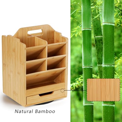 SOUJOY Bamboo Pen Holder Organizer, 360°Rotating Art Supply Storage Caddy, Hold 400+ Pencils, 15 compartments Office Desk Stand Box with Handle for Marker Pens, Colored Pencil, Art Brushes - Image 5