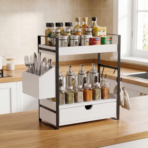 Kottwca 2-Tier Bathroom Counter Organizer with Drawer, Basket & Hooks, Wooden Vanity Shelf for Skincare, Perfume & Makeup Storage(White) - Image 6