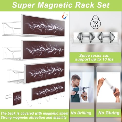 Magnetic Spice Rack for Refrigerator, 9 Pack Magnetic Fridge Shelves W/Adjustable Paper Towel Holder, Hook Rack, Moveable Spice Organizer Shelf for Kitchen Organization and Storage (White) - Image 3