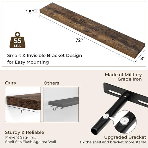RICHFOCUS 72Inch Floating Shelves for Wall 2Pack|Rustic Brown|8" D - Image 4