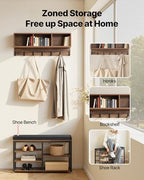 VEVOR Coat Rack with Shoe Bench, 3-in-1 Shoe Coat Rack Combo Set with Hooks and Bookshelf, Steel Frame Hall Tree Entrance Storage Organizer Holder for Entry, Bedroom, Closet, Office, Rustic Brown - Image 2