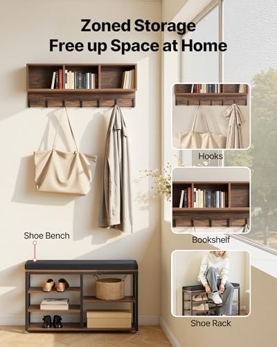 VEVOR Coat Rack with Shoe Bench, 3-in-1 Shoe Coat Rack Combo Set with Hooks and Bookshelf, Steel Frame Hall Tree Entrance Storage Organizer Holder for Entry, Bedroom, Closet, Office, Rustic Brown - Image 2