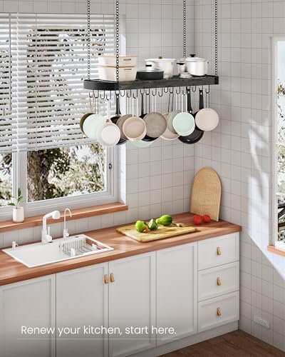 CHOEZON 39.4-Inch Hanging Pot Rack, Space-Saving Pot Hanger for Kitchen, Ceiling Pan Hanging Rack with 16 Detachable S Hooks, Sturdy Metal Frame, Industrial Style, Charcoal Black and Black TPR10BC - Image 3