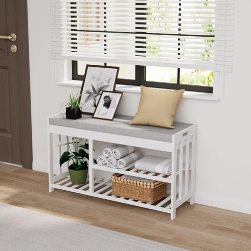 Bamboo Shoe Storage Bench with Cushioned Seat 3-Tier Entryway Shoe Rack - Image 5