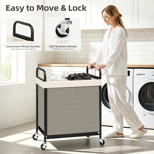 STORAGE MANIAC Rolling Laundry Hamper with Wheels 2-Section Laundry Sorter Rolling Laundrys Basket on Wheels with Removable Bag Clothes Hamper Laundrys Organizer Cart Bathroom Bedroom 100L Beige - Image 5