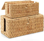 Posprica Cable Management Box with Lid, 2Pack Handwoven Real Water Hyacinth Cord Hider Organizer Boxes, 2 Side Open Slots Storage Box to Hide Cords Power Strip for Desk, Floor, Office by Posprica