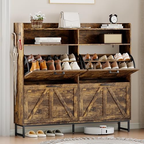 Wodeer Shoe Cabinet Storage for Entryway, Shoe Storage Cabinet with 4 Flip Drawers, Freestanding Narrow Shoe Rack Organizer with Metal Legs, Adjustable Shelves & Open Storage for Foyer, Hallway, Brown by WODEER