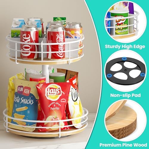 2 Tier Lazy Susan with Adjustable Height and Metal Divider Design, White - Image 4