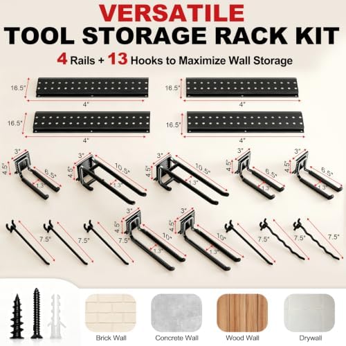 Garage Tool Organizer Wall Mount 66 inches with 13 Adjustable Heavy-Duty Hooks, Garage Organization, Garden Tool Storage Rack, Yard, and Shed, Holds Up to 520 lbs - Image 2