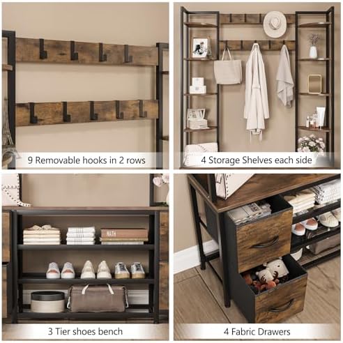 GiftGo Hall Tree with Bench and Shoe Storage 47.2" Entryway Coat Rack Freestanding with Seat 9 Adjustable Hooks 4-Tier Shelves 2 Drawers on Both Sides for Home Office Bedroom - Image 4
