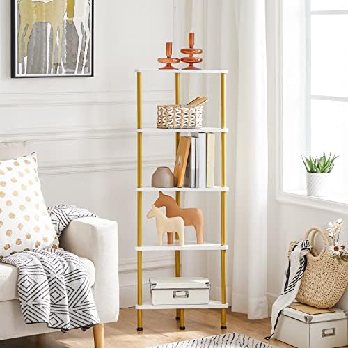 HOOBRO Corner Shelf Stand, Industrial 5-Tier Wall Corner Bookshelf with Metal Frame, Plant Display Shelf, Bookcase for Small Spaces, Bedroom, Living Room, White and Gold DW33CJ01 - Image 2