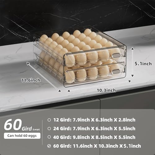 HIYOHIYO Clear 60 Grid Egg Organizer for Refrigerator with Drawers, 2-Tier - Image 2