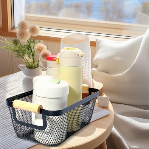 8 Pcs Black Wire Basket with Wooden Handle, Pantry Storage Bins - Image 4