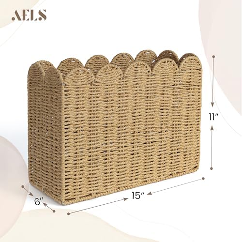 AELS Woven Natural Fibre Magazine Holder, Scalloped Edge Floor Magazine Rack, Hand-woven Organizer, Boho Modern Farmhouse Book Basket, File Newspaper Mail Holder for Office - Image 2