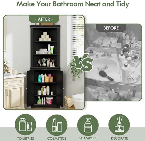 Flamaker Corner Cabinet, Freestanding Corner Shelf for Bathroom, Black - Image 6