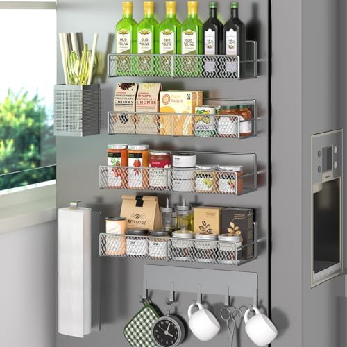 Magnetic Spice Rack for Refrigerator, 7 Pack 100% Metal Strong Magnet Shelves, Kitchen Spice Organizer W/ Hook Rack, Paper Towel Holder, Utensils Caddy, Home Laundry Room Storage Organization (Grey) by DTUQYX
