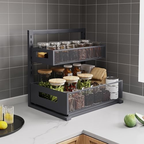 Petiza Under Sink Organizer Pull Out Cabinet Organizer Adjustable Height 2 Tier with Sliding Drawers Kitchen Bathroom Organizer and Storage(Gray-1pc) - Image 5