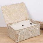 FEIALNDUO Wicker Shelf Baskets with Lid,Seagrass Storage Basket Bins Rectangular Handwoven Basket Boxes for Shelves Desktop Home Organizer (Whitewash, Large) - Image 2