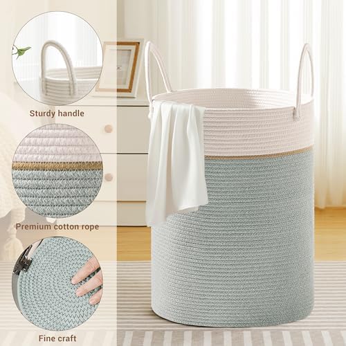 100L Extra Large Tall Cotton Rope Laundry Basket with Handles, Sage Green - Image 3